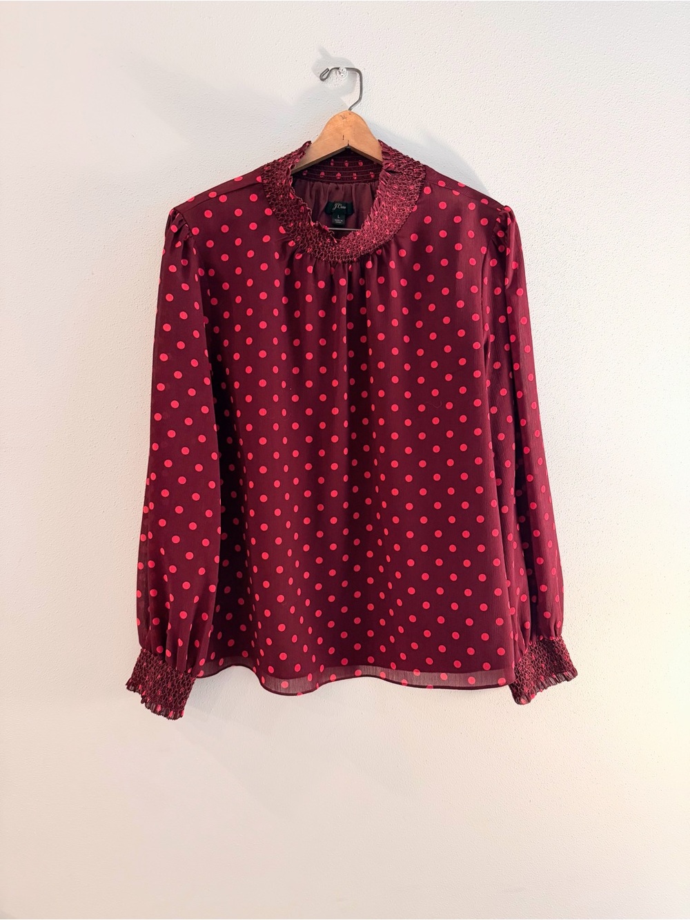 J. Crew Red Polka Dot Smocked-Neck Blouse
